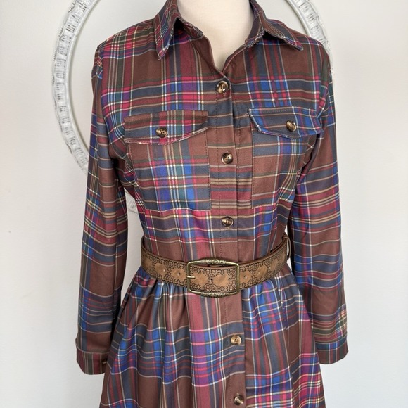 Tartan Plaid Long Sleeve Button Front maxi Dress Belt Womens S-M preppy - Picture 4 of 15
